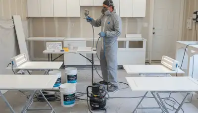 Professional cabinet painting process in Redding, CA showing smooth spray finish for kitchen refinishing