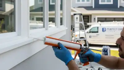Professional caulking and sealing on Redding, CA house exterior for weatherproof protection