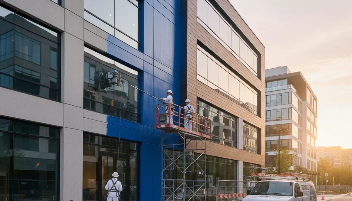 Professional commercial painters finishing office building exterior in Redding, CA