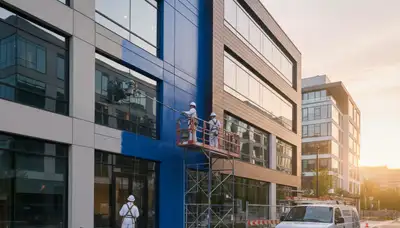 Professional commercial painters finishing office building exterior in Redding, CA