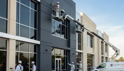 Professional commercial painters working on office exterior in Redding, CA