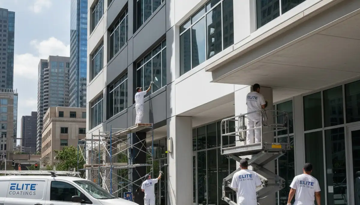 Professional commercial painters working on office exterior in Redding, CA