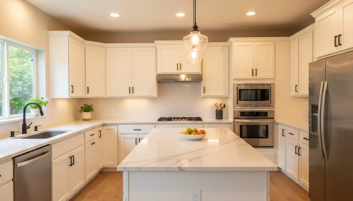 Refinished kitchen cabinets in Redding, CA with smooth, durable paint finish by local house-painting experts