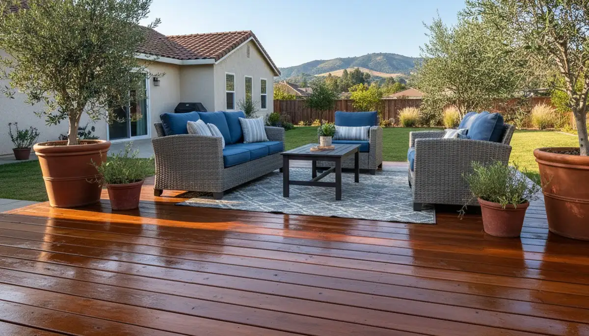 Finished deck staining in Redding, CA showcasing protected wood surface by local painting contractors