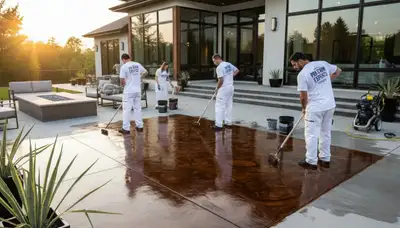Professional concrete staining on patio surface in Redding, CA by local house painting contractors