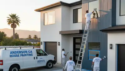 Professional house painters working on exterior home repaint in Redding, CA