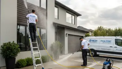 Professional pressure cleaning a home exterior in Redding, CA by expert house painting contractors