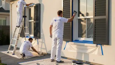 Professional painter refinishing home shutters in Redding, CA with UV-resistant exterior paint