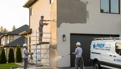 Professional stucco repair on Redding CA home exterior by expert house painters restoring texture and cracks