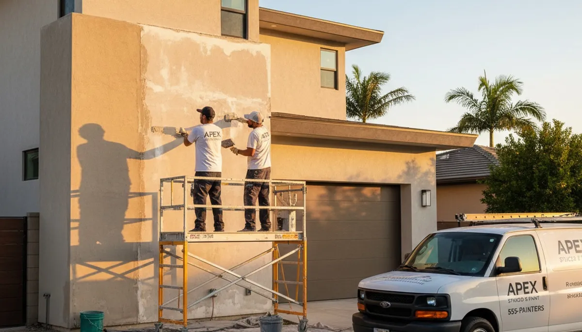 Professional stucco repair and texture restoration on home exterior in Redding, CA