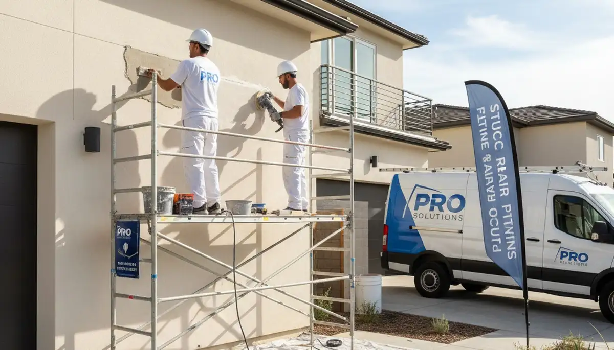 Professional stucco repair and painting on residential home exterior in Redding, CA
