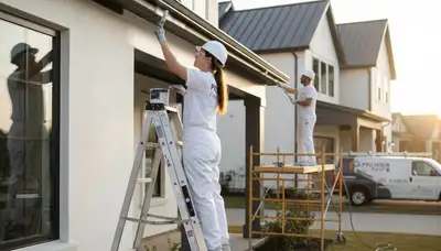Professional trim and fascia painting on Redding CA home exterior by expert house painters