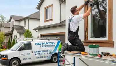 Painter repairing wood rot on home siding in Redding, CA for expert house restoration services